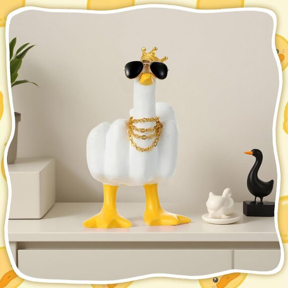 Funny Resin Duck Statue with Crown and Glasses White Yellow Desk Office Decor - Picture 6 of 6